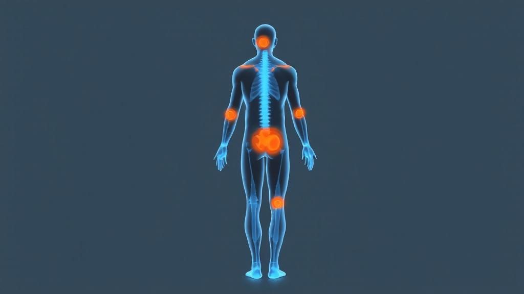Anatomical diagram showing common chronic pain conditions that respond to regenerative medicine Anatomical diagram showing common chronic pain conditions that respond to regenerative medicine
