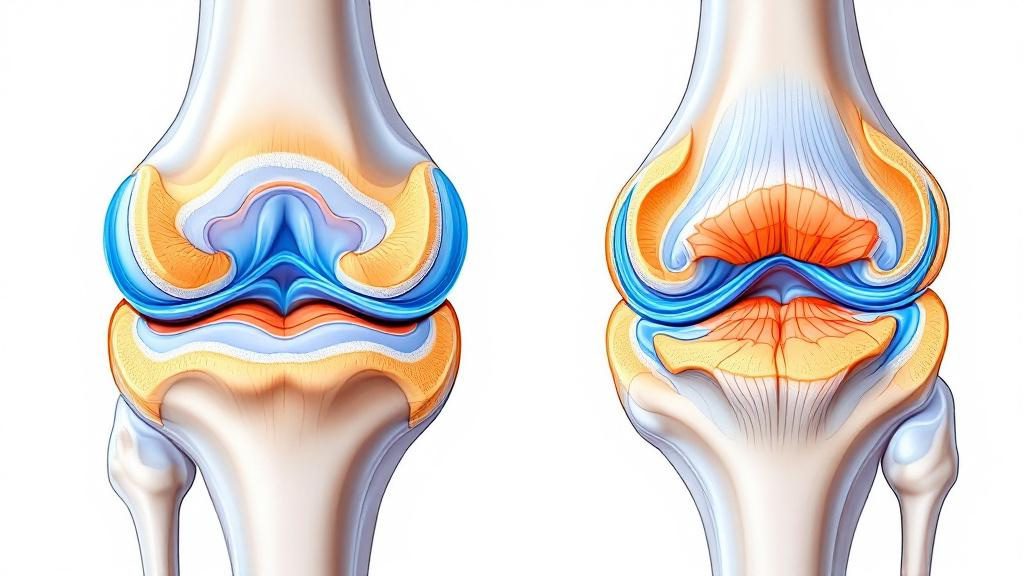 Medical comparison showing healthy joint versus degenerative arthritis and cartilage damage Medical comparison showing healthy joint versus degenerative arthritis and cartilage damage