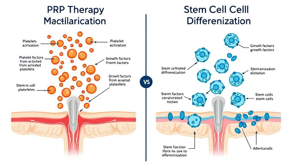 Medical comparison showing how PRP therapy works versus stem cell therapy mechanisms Medical comparison showing how PRP therapy works versus stem cell therapy mechanisms