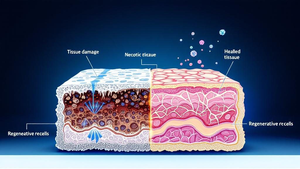 Medical illustration showing how regenerative medicine repairs damaged tissue at the cellular level Medical illustration showing how regenerative medicine repairs damaged tissue at the cellular level