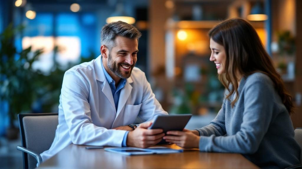 Patient and healthcare provider discussing regenerative medicine treatment options together Patient and healthcare provider discussing regenerative medicine treatment options together