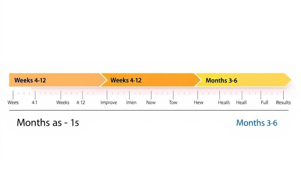 Timeline visualization showing realistic expectations for regenerative medicine healing phases Timeline visualization showing realistic expectations for regenerative medicine healing phases